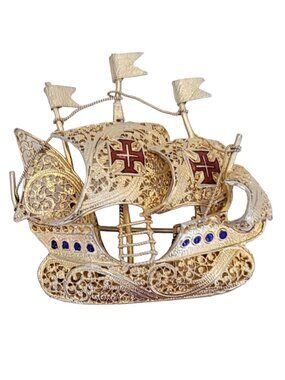 Topazio Silver, Enamel British Ship Pin Brooch, Signed M787